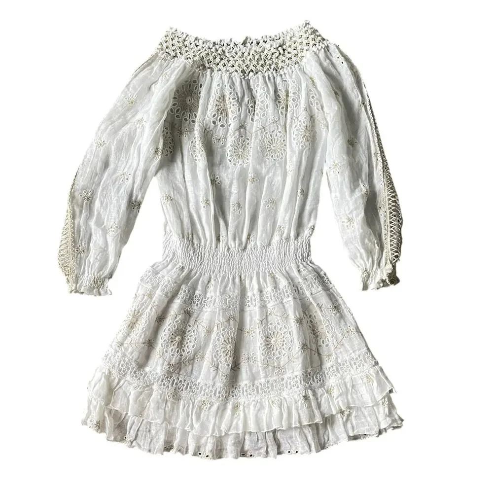 Temptation Positano Irlanda White Smocked‎ Eyelet 100% Linen Mini Dress - Picture 7 of 12